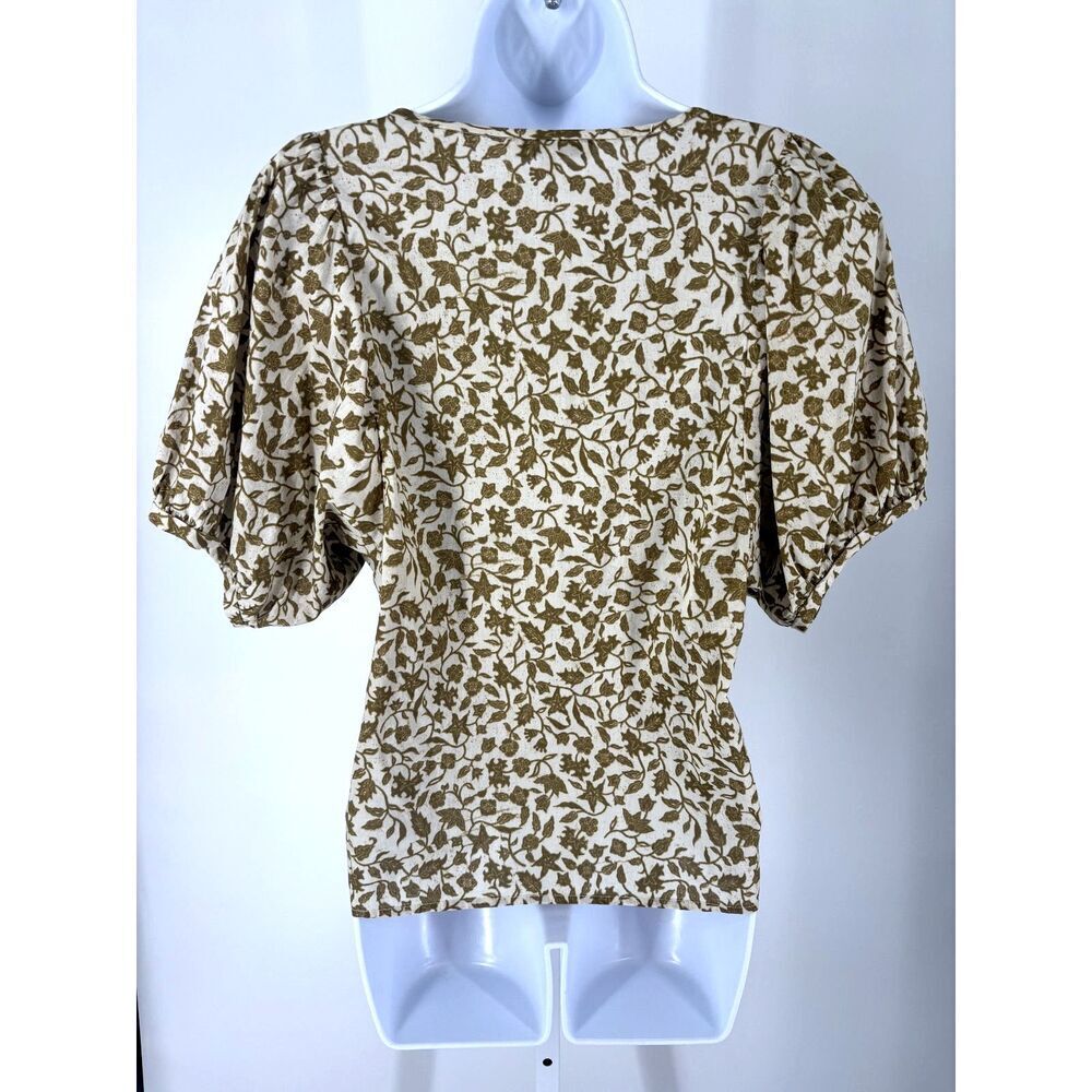 Madewell Floral Puff Sleeve Blouse | V-Neck Cream & Olive Top - Picture 2 of 4